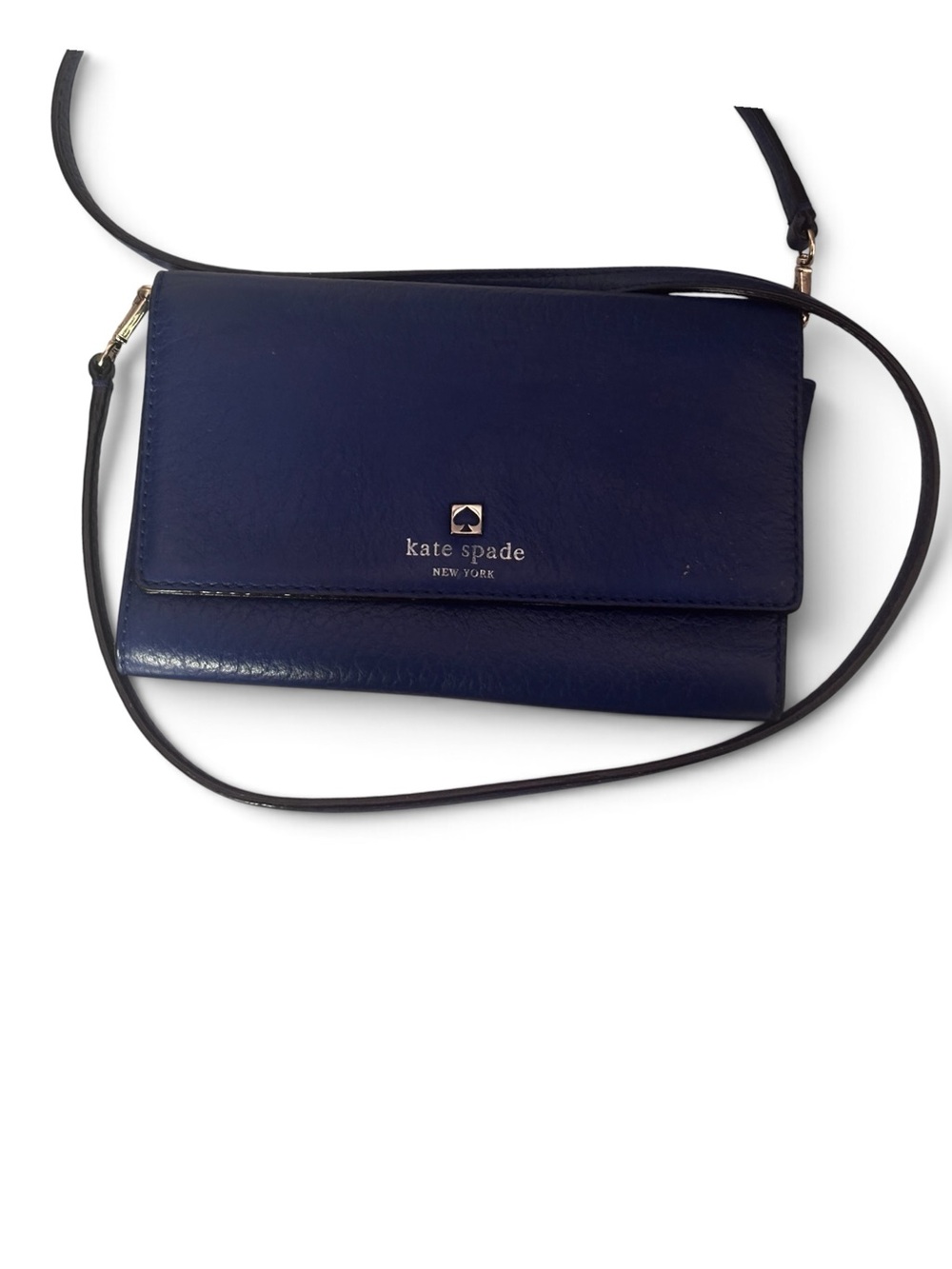 kate spade blue leather crossbody clutch with gold logo